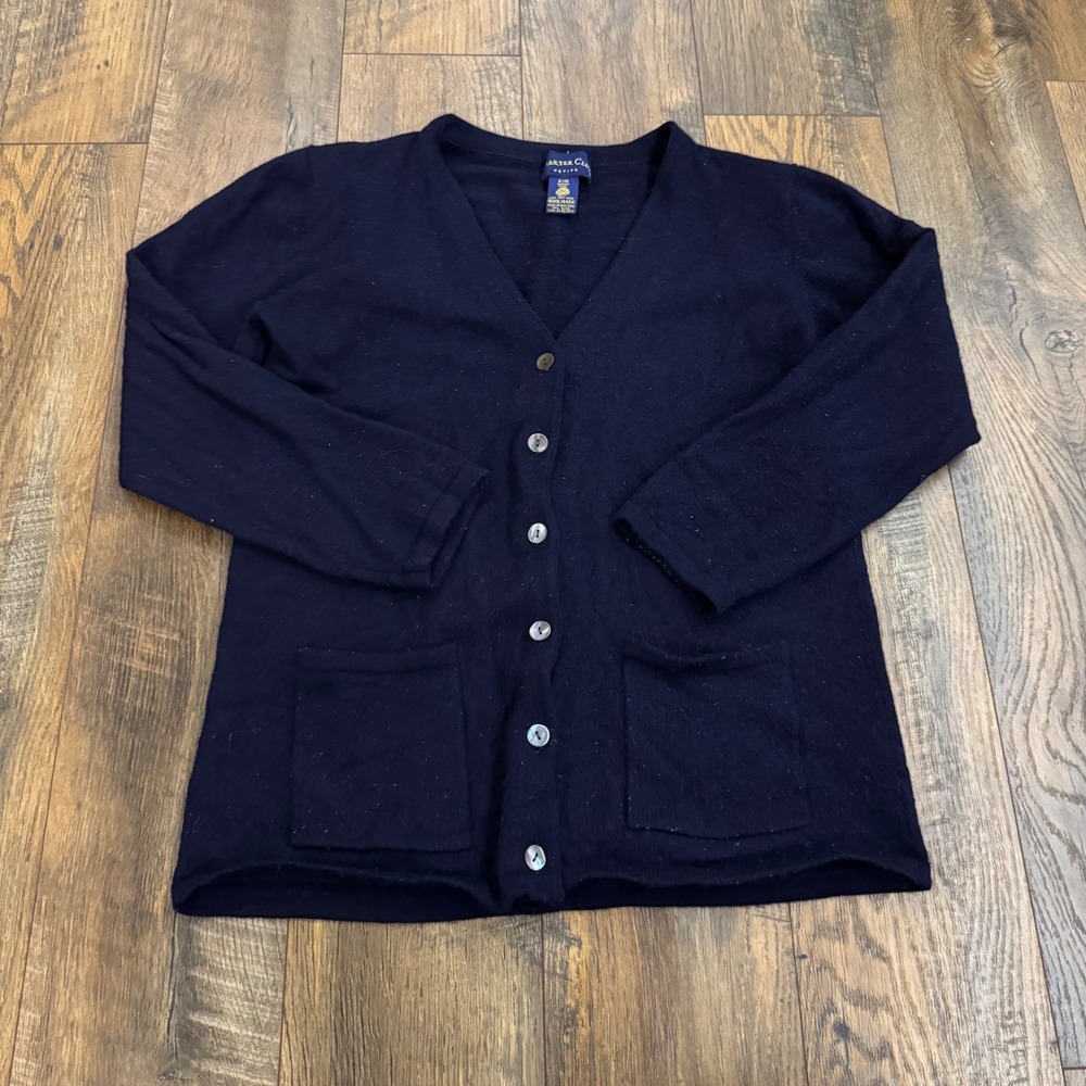 Charter Club Petite Merino Wool Cardigan Sweater Navy Blue V-Neck P/M Pockets